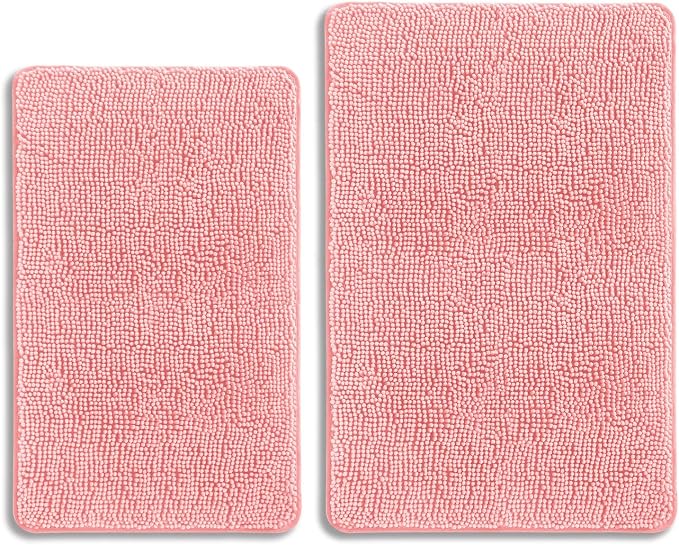 Pink Bathroom Rugs Sets 2 Piece – Absorbent and Washable Bath Mat, Non-Slip, Thick Soft Chenille Bath Rugs for Bathroom Floor, Shower, Sink - 20" x 32"+24" x 36"