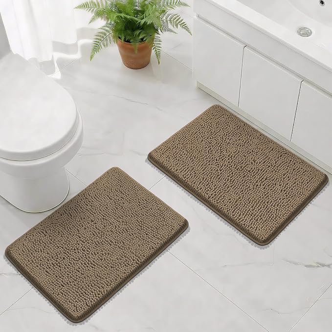 Bcoimo Bath Rugs Mat Set,2 Piece Non Slip Chenille Latte Bathroom Mat Sets | Extra Soft 24x17 Bathroom Rug;Non Slip with Rubber Back Bath Mat;High Absorbent And Quick Dry Microfiber mat;Machine Washable