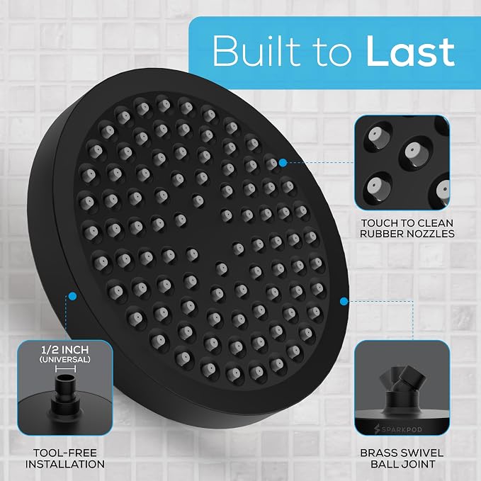 SparkPod Rain Shower Head, 6 Inch Round, Midnight Black Matte Finish | High Pressure Shower Heads, 90 Nozzles, Adjustable Showerhead, No Tools Needed, Universal Connection