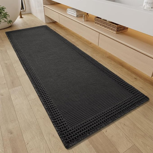 RESARE Waffle Bathroom Runner Rugs, Non Slip Boho Bath Mat 24"x72" Black | Long Absorbent Bathroom Floor Mats Machine Washable Quick Dry, Soft Solid 2'x6' Bath Rugs with Tassels, Ideal Farmhouse Decor