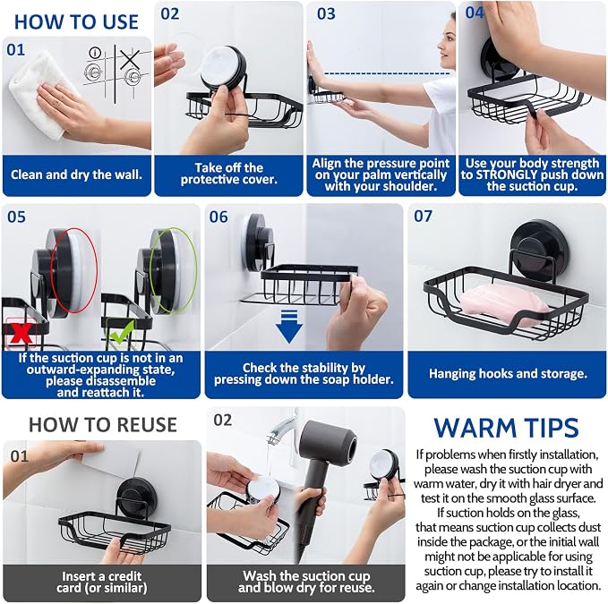 Soap Holder,Shower Soap Dish,Suction Cup,Stainless Steel,Black | bar soap holder,storage soap & sponge for bathroom,bathtub,shower,kitchen,sink,wall mounted,no drilling removable waterproof