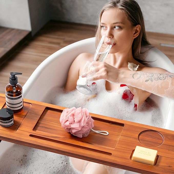 39 Inch Teak Bathtub Tray for Freestanding Tubs, Luxury Bath Caddy | Heavy-Duty Non-Slip Zero-Wobble Design, Water-Resistant Spa Organizer with Wine Glass & Phone Holder