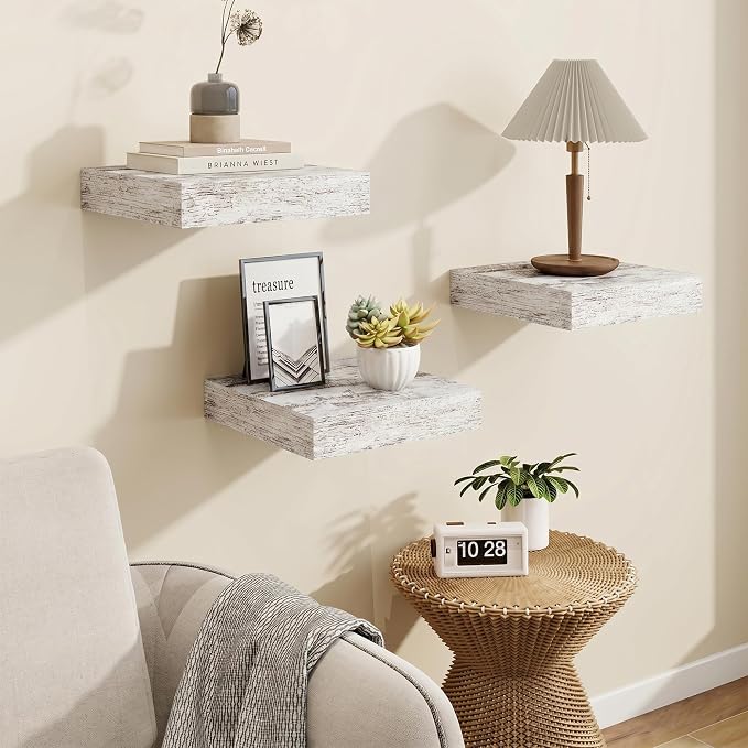 Marsmiles 12in Depth Floating Shelves, 12x12x1.4, Vintage White, Set of 3 | Small Wall Mounted Square Shelves, Engineered Wood, Invisible Brackets, Living Room, Bedroom, Bathroom, Kitchen Decor