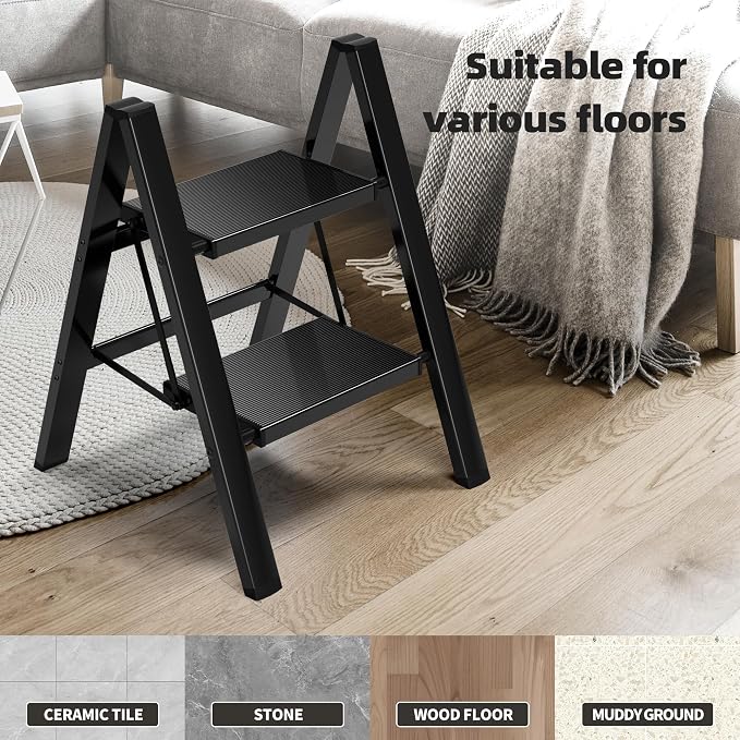 HillhutApex Aluminum Step Stool Foldable,2 Step Ladder (Black) | Lightweight Portable step ladder with Anti-Slip Wide Pedal,330lbs Capacity Ladder for Household,Office,Kitchen