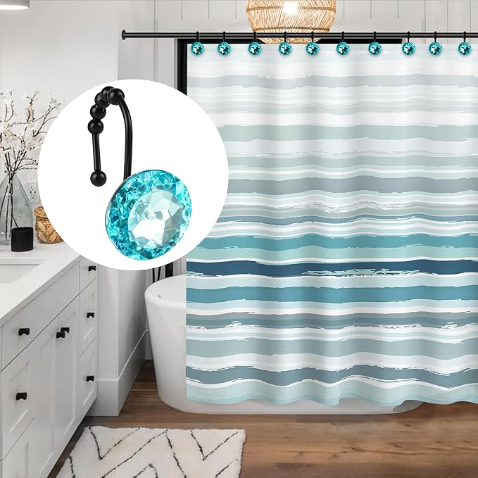 Sunlit Luxury Design Round Teal Blue Diamond Crystal Gem Bling with Glide Balls Shower Curtain Hooks, Rust Proof Metal Rhinestones Glam Shower Curtain Rings with Black Hooks, Set of 12