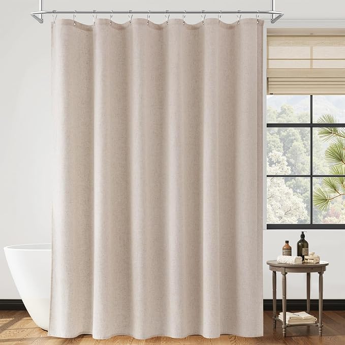 Extra Long Linen Shower Curtain 96 Inch Long for Bathroom Boho Farmhouse Fabric Shower Curtains Set with Hooks Neutral Cloth Modern Cottage Core Waterproof,Cream Beige