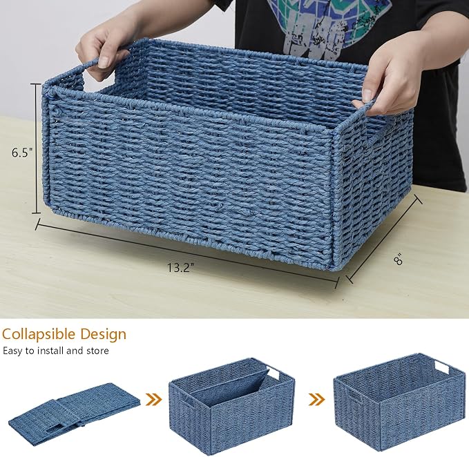 Wicker Storage Basket, Set of 2 Hand-Woven Paper Rope Wicker Basket, Small Storage Baskets for Organizing Toilet Paper, Foldable Large Cube Storage Organizer Bins for Shelves (Blue)