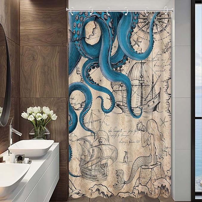 Fungarth Stall Vintage Nautical Octopus Shower Curtain Navy Blue Mermaid Funny Ocean Kraken Shower Curtains for Bathroom Cool Anchor Coastal Map Waterproof Fabric Bath Curtain Decor (Retro, 36” x 72”)