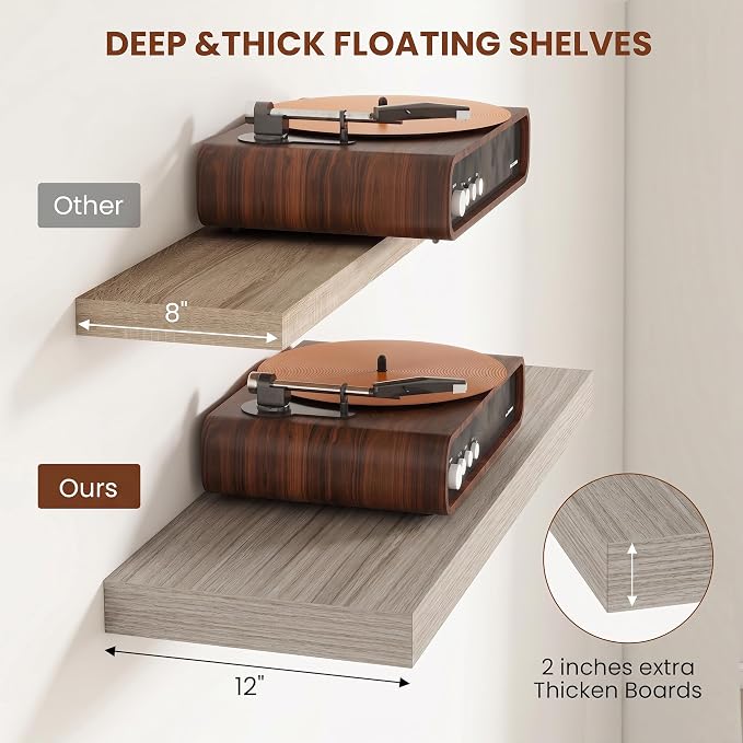 12 Inch Deep Floating Shelves for Wall, 24 Inch Wide Wall Shelves Set of 2, 2 Inch Thick Heavy Duty Invisible Wall Mounted Shelves for Kitchen Living Room,Grey