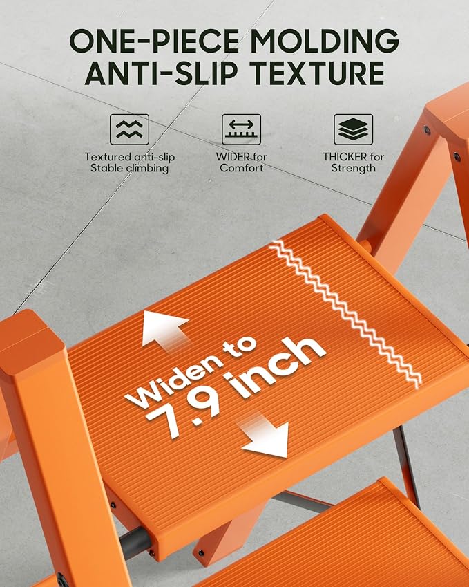 HillhutApex Aluminum Step Stool Foldable,3 Step Ladder (Orange) | Lightweight Portable step ladder with Anti-Slip Wide Pedal,330lbs Capacity Ladder for Household,Office,Kitchen