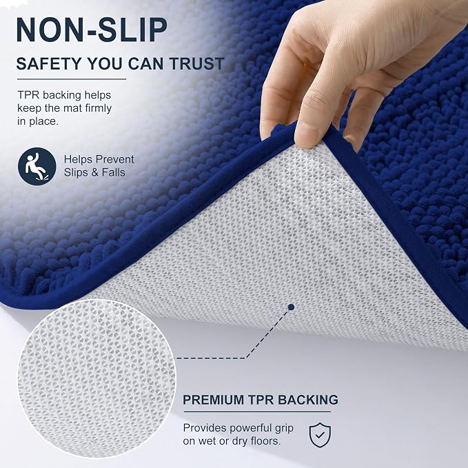 Smiry Thick Chenille Bathroom Rugs 30x20, Soft Absorbent Bath Mat, Navy | Quick‑Dry & Machine Washable, Non‑Slip Bath Carpet, Striped Bath Rugs for Tub & Shower, Modern Home Decor Accessories