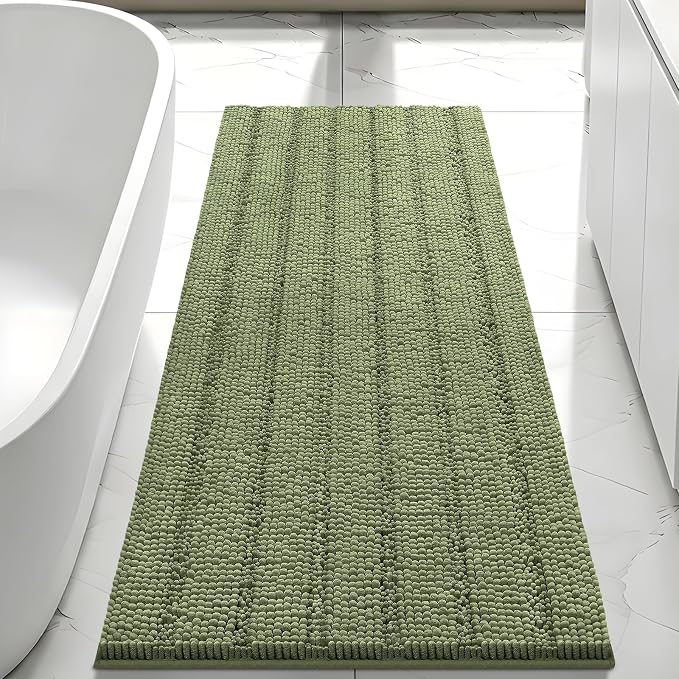 Bcoimo Bath Rug Mat,Sage Chenille High Absorbent Long Bathroom Runner Rugs | Non Slip with Rubber Back Bathroom Mat For Floor,Tub,Shower; Extra Soft mat; Quick Dry 48x24 Microfiber mat; Machine Washable