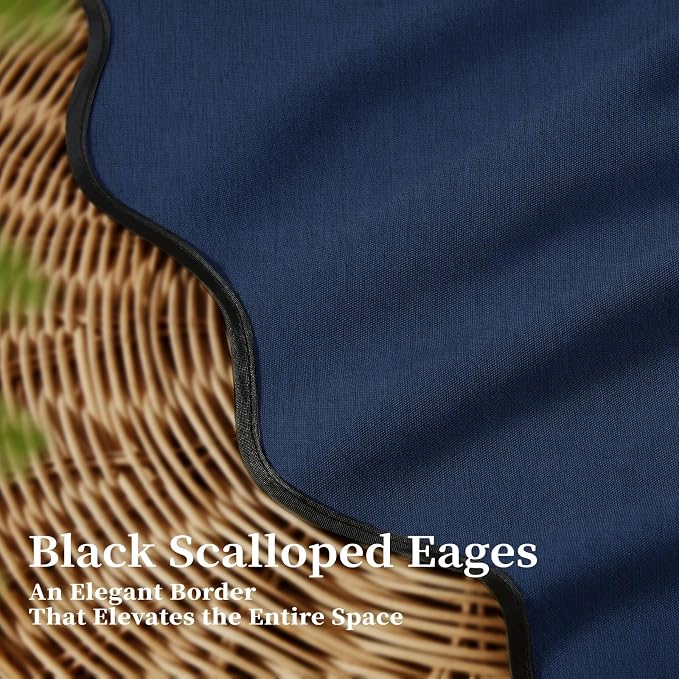 72x80 Boho Scalloped Linen Textured Cloth Shower Curtain, Navy Blue | Long Size, 230GSM Waterproof Polyester, Heavy Duty Fabric, 12 Plastic Hooks, Elegant Modern Farmhouse Style, Machine Washable
