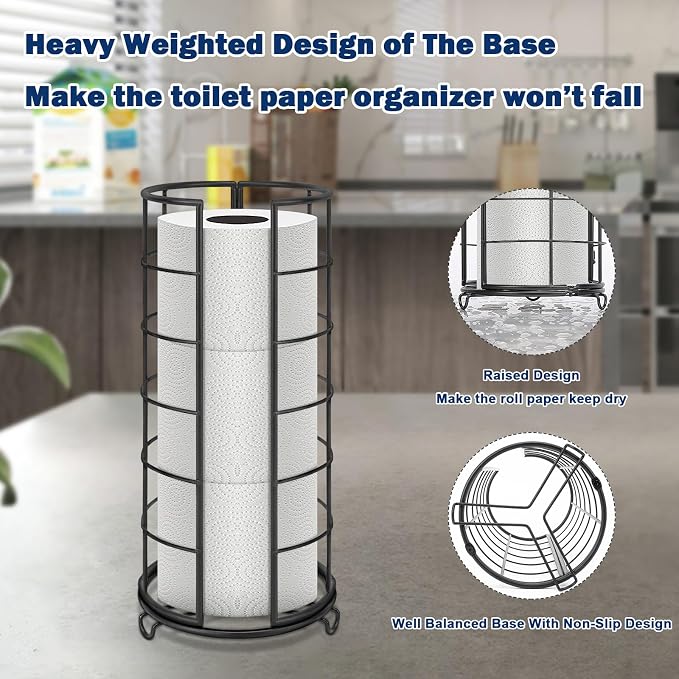 NearMoon Toilet Paper Organizer Stand, Free Standing 3 Rolls Tissue Storage, Metal Bathroom Accessory, Rustproof Toilet Roll Holder for Kitchen Countertop Inside Cabinet Shelf(Metal Base, Matte Black)