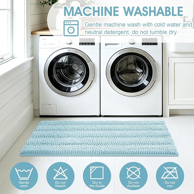 Striped Spa Blue Bathroom Rug Set 3 Pieces Ultra Soft, Non Slip Chenille Bath Carpet, Absorbent Plush Shaggy Bath Mats for Bathroom, Toilet, Bedroom, Kitchen
