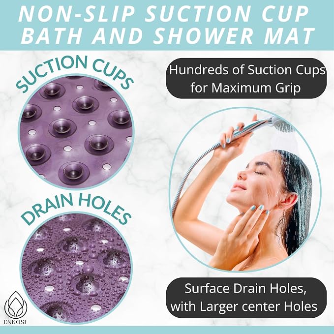 ENKOSI Non-Slip Bath & Shower Mat 40x16 Extra Long, Suction & Drain Holes | Purple color; Durable PVC; 40x16 in, Purple