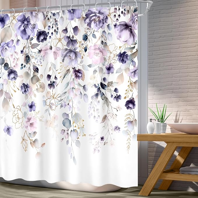 Purple Floral Girls Girly Boho Watercolor Bathroom Shower Curtain Set | 72"W x 72"L Flower Wildflower design with waterproof HD artwork, quick-dry fabric and hooks for easy hanging.