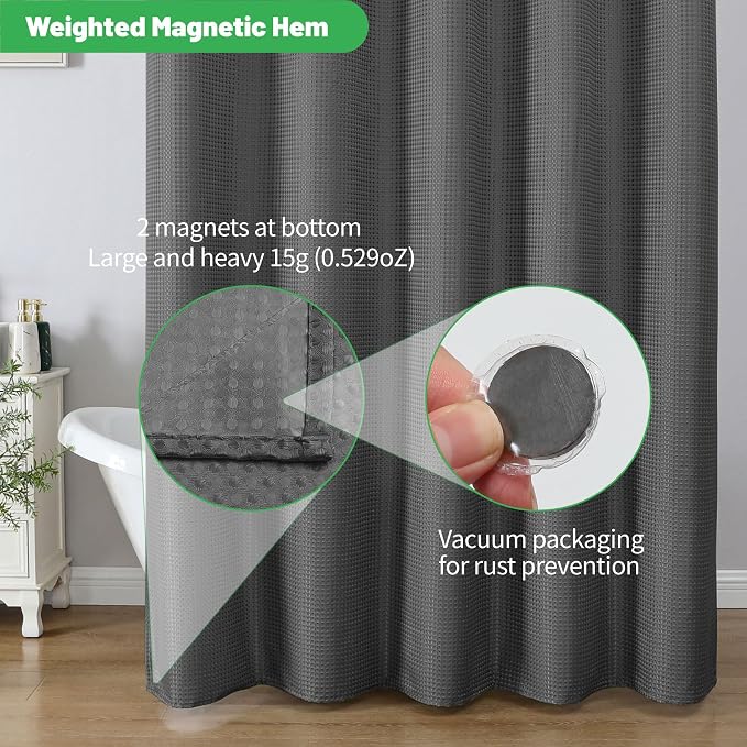 No Hook long Waffle Shower Curtain, No Liner Needed,71x86 In, Charcoal Grey | 100% waterproof TPU-laminated backing, magnetic weighted hem, machine washable, shower curtain set for bathroom or hotel use