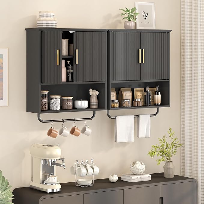 Wall Mounted Cabinet with Towel Bar & Shelves for Kitchen Bathroom | Black Space Saving Wood Bathroom Wall Cabinet 2 Doors for Laundry, Kitchen, Living Room