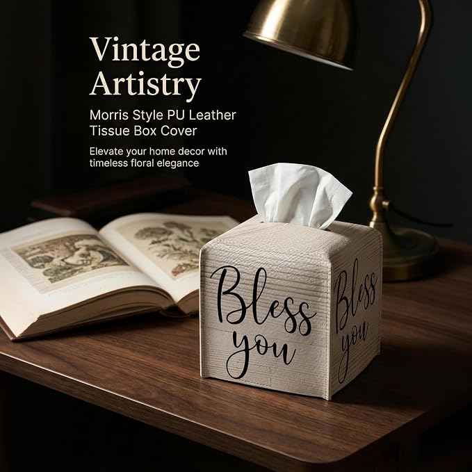 Tissue Box Cover Holder Square - Vintage Boho PU Leather Decorative Organizer, Ethnic Carpet Pattern Design Inspired, with Bottom Belt for Bathroom Car Office Tabletop Home, 5x5 Inch (Beige-bless you)