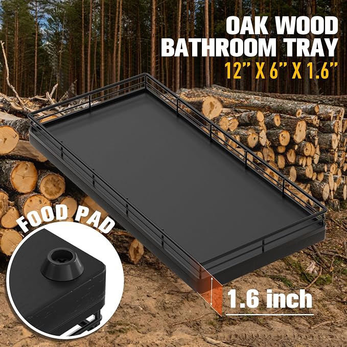Bathroom Vanity Tray for Countertop, 12" x 6" Oak Wood Toilet Tank Tray | Metal Guardrail, Bathroom Organizer for Soap, Perfume & Skincare, Non-Slip Decorative Tray for Dresser & Vanity, Black