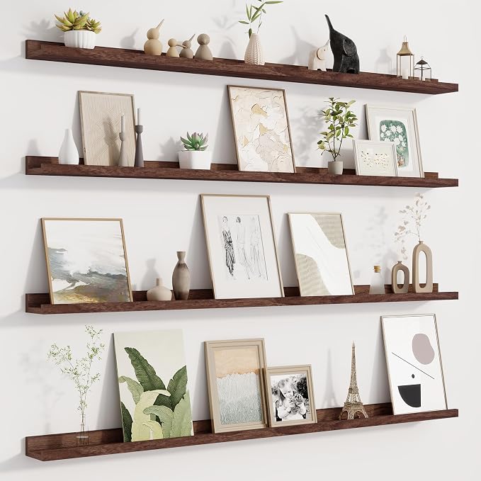 Fun Memories Picture Ledge Shelf for Wall, Floating Shelves Set of 4, 48 Inch Long Nursery Book Shelves for Toys Storage, Kids Bookshelf Wall Mounted for Books Photo Frames, Walnut