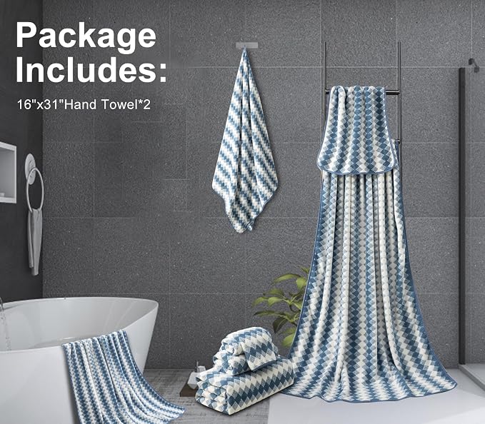 2Pcs Hand Towel 16"x31" Towel Set for Bathroom,Highly Absorbent Quick Dry Face Towel for Daily Use,Soft Microfiber Multipurpose Kitchen Hand Towel Set Collection for Hotel Spa Gym,Blue