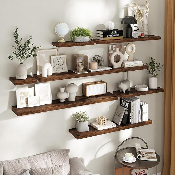 24 Inch Floating Shelves for Wall 2 Pack, 8"D Wood Grain Bathroom Shelves | Invisible Brackets, Rustic Brown Finish, Easy Install | Engineered Wood Storage Shelves for Kitchen, Living Room
