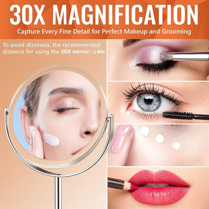 Auxmir 1X/30X Double-Sided Makeup Mirror, 8" Magnifying Mirror | 360°rotation, tweezers, vanity desk table stand travel, stainless steel and ABS construction, 30X magnification
