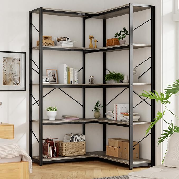 Shintenchi 5 Tier Corner Bookshelf, L Shaped Large Bookcase, Grey | Etagere Bookcase, Corner Shelf Display Storage Rack, with Metal Frame, for Living Room, Bedroom, Office
