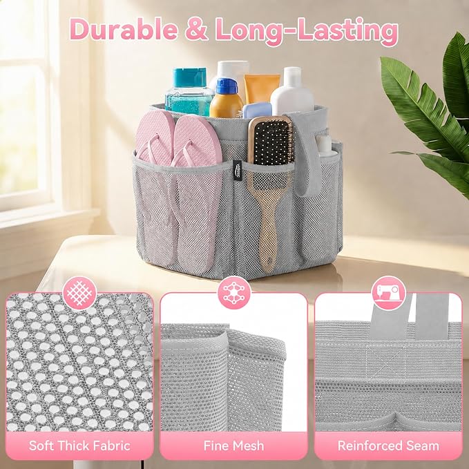 Mesh Shower Caddy Portable for Dorm College Room Essentials, 8-Pocket Large Shower Bag with Single Handles, Hanging Shower Basket for Beach, Swimming, Bathroom, Beach, Grey