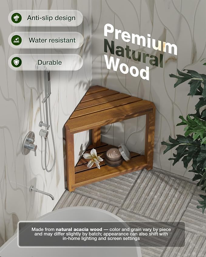 Bluewest 16.5 Inch Corner Shower Stool for Shaving Legs with Storage Shelf | Acacia Wood Waterproof Shower Foot Rest and Wooden Corner Bench for Shaving Legs and Seating Inside Small Shower Spaces.