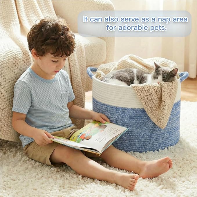 Artfeel 40L Large Cotton Rope Basket, Decorative Woven Blanket Storage for Living Room, Boho Toy Storage & Toy Box for Kids, Versatile Laundry Basket & Nursery Hamper for Blankets(DenimBlue)