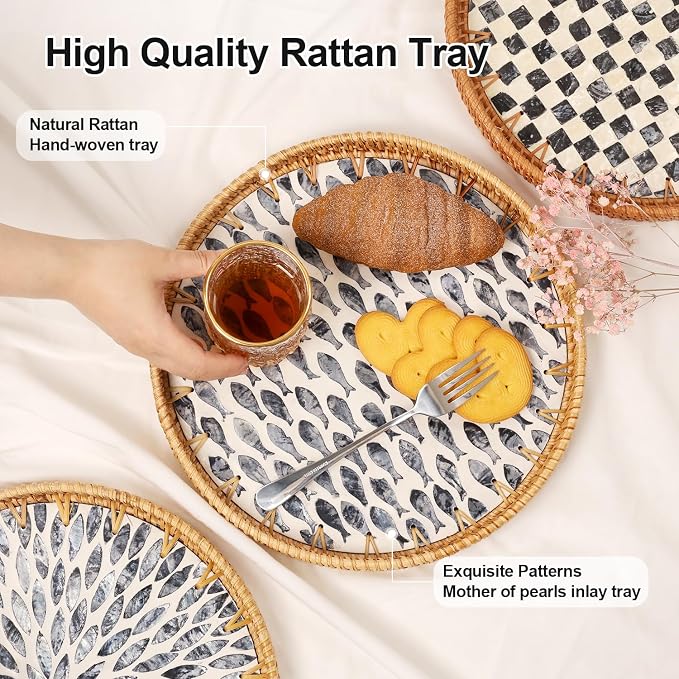 Round Rattan Tray with Mother of Pearl Inlay, Rattan Serving Tray for Coffee, Bread, Fruits, Decorative Wicker Tray for Table Decor, Home Decor, Kitchen Island Decor (Black Fish, 11.8")