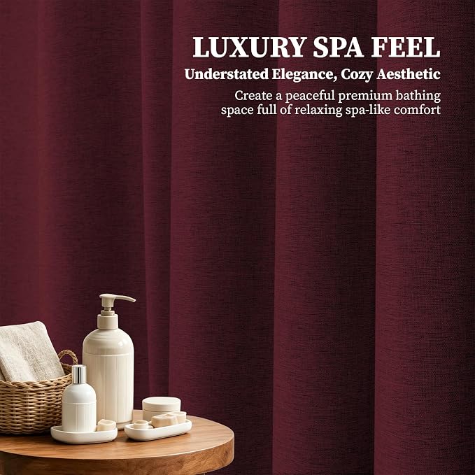 72x78 Linen Textured Waterproof Fabric Shower Curtain Set, Burgundy | Long Size, 230GSM Polyester, Heavy Duty Cloth, Weighted Hem, 12 Plastic Hooks, Modern Luxury Hotel Style, Machine Washable