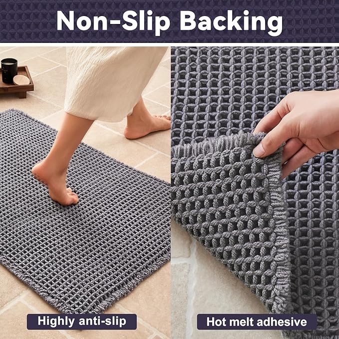 Triohero Waffle Runner Rug Bathroom, Long Boho Bath Mat, 24x60 Dark Grey | Super Absorbent Quick Dry Bath Rug, Non-Slip Backing, Soft Waffle Washable Farmhouse Bathroom Mats, Tub, Shower & Home Decor