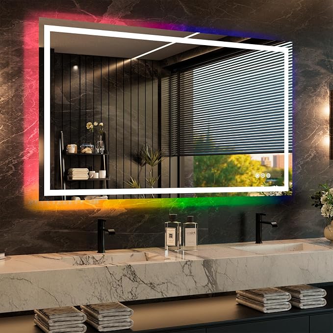 WTTY 60"x36" RGB LED Bathroom Mirror with Light | 8 Color Backlight + 3 Color Front Light, Anti-Fog, Dimmable, Memory Function, Tempered Glass, IP54 Waterproof, ETL Listed