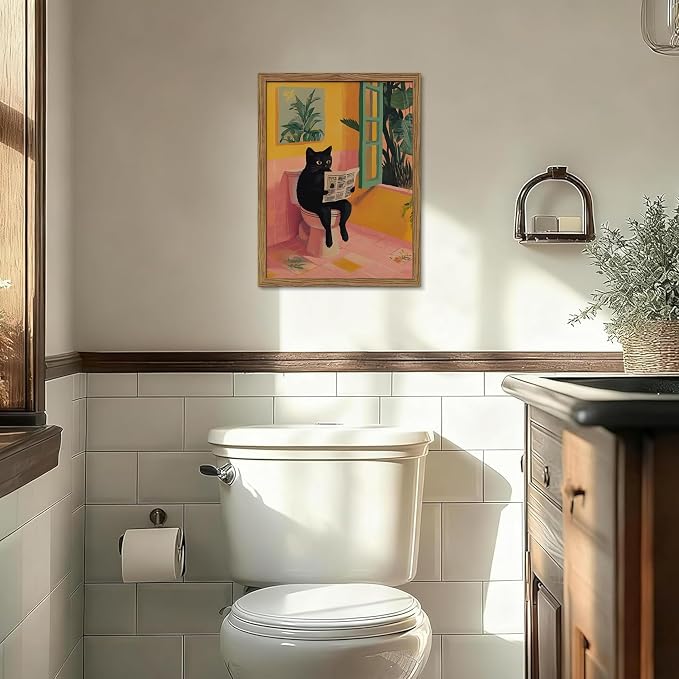 Funny Cat Bathroom Wall Art, Cute Black Cat Sitting on Toilet Reading Newspaper Wall Decor Painting, Whimsical Animal Canvas Artwork Prints Pictures for Bathroom Restroom 12x16 Inch Framed