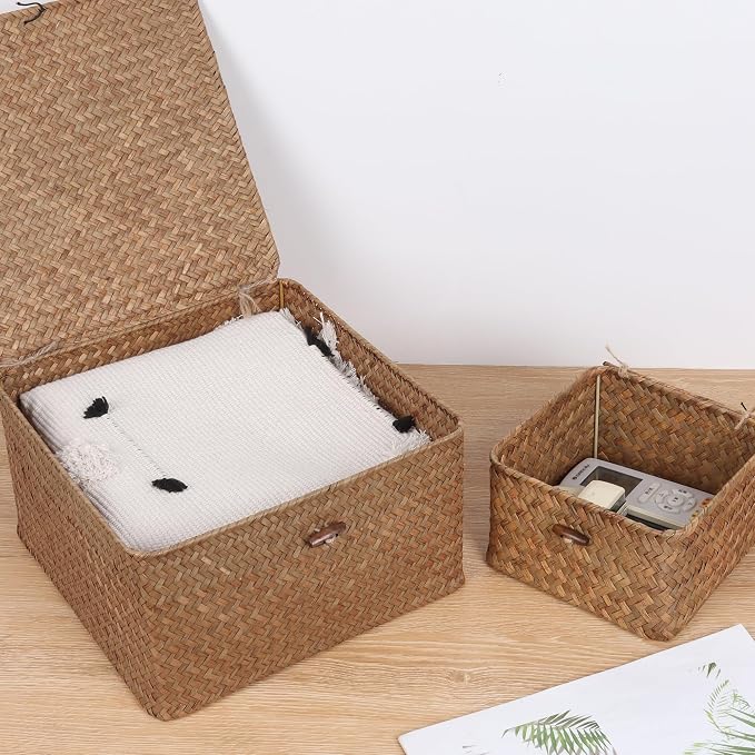 Moosky Wicker Shelf Baskets with Lid, Handwoven Seagrass Storage Basket Bins Square Gift Boxes for Shelves Home Decor Organizer (Coffee, Medium)