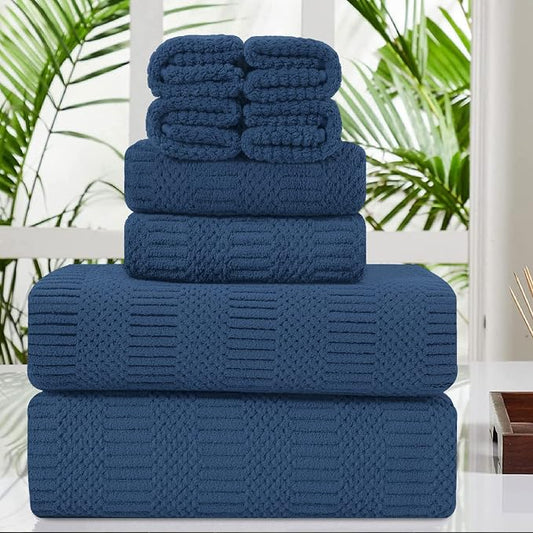 8 Pcs Navy Large Towel Set Soft Microfiber Bath Hand Towels Washcloths | Oversized towel with loop absorbent quilck dry no lint multiple pack easy replacement family set for bathroom beach pool gym