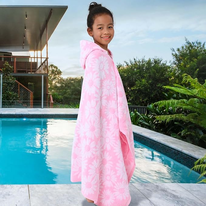 VOOVA & MOVAS Toddler Hooded Towel Wrap, 3-10 Years, 100% Cotton,Daisy | Romantic Daisy Jacquard Pattern, Premium Turkish Fabric, Silky Soft Feel, Works for Bath, Beach, Pool and Daily Swimming