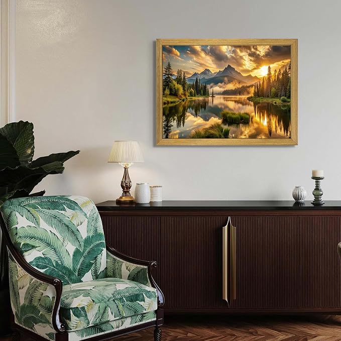 Framed Canvas Wall Art 16x24 Inch, Vintage Landscape Wall Art Decor, Countryside Farmhouse Sunset Landscape Wall Decor, Retro Mountain Vintage Painting Prints for Living Room Bedroom Home Bathroom Decor