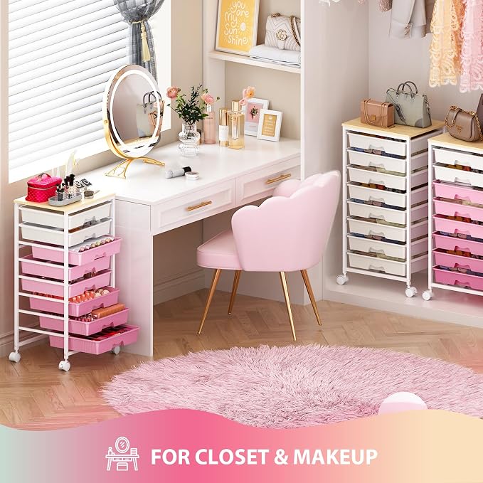 Goovilla Rolling Cart with 8 Drawers for Art, Dorm, Office, Craft, Pink | Utility Cart Organizer With 8 Removable Drawers and Wooden Tabletop, Lockable Rolling Storage Organizer for Classroom, Home