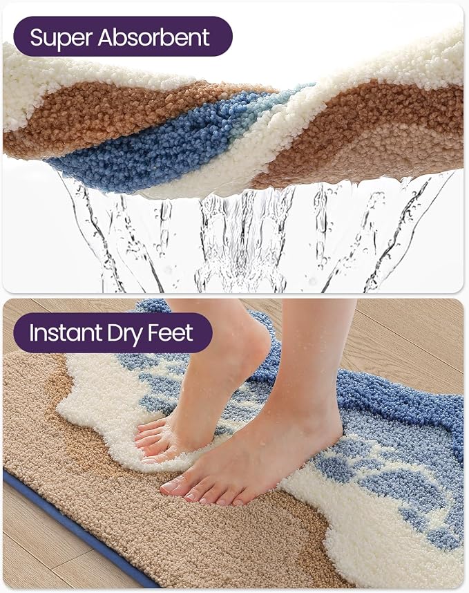 DEXI Cute Bath Mat, Sea Ocean Wave Bathroom Rugs, 43x26 Blue | Soft and Absorbent Microfiber, Non Slip, Machine Washable Bathmat for Shower Floor, Bedroom, Kids Room, Home Decor