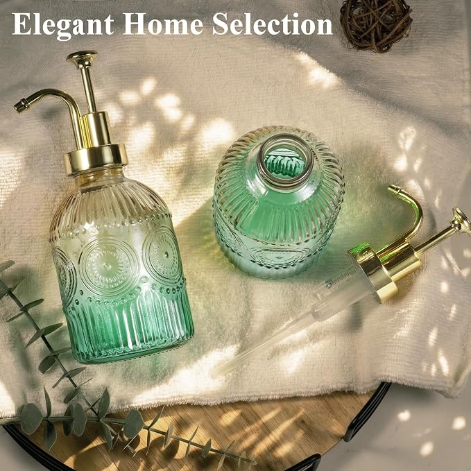 Amolliar 12 Oz Glass Soap Dispenser with Plastic Pump,Green-Gradient | Antique Rustic Hand Liquid Bottle for Bathroom/Kitchen, Vintage/Farmhouse/Boho Style, Pump Dispenser, Refillable