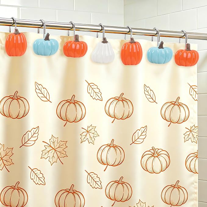 Fall Shower Curtain Hooks 12 Pcs Decorative Autumn Rings | Premium Metal Universal Size, Smooth Gliding Rust Proof, Decorative 12 Pack, Bathroom Thanksgiving Home Decor