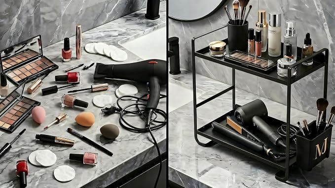 2 Tier Bathroom Countertop Organizer with Side Caddy, Black and Gold Metal Bathroom Organzier, Slim Counter Storage Rack for Vanity (Matte Black)
