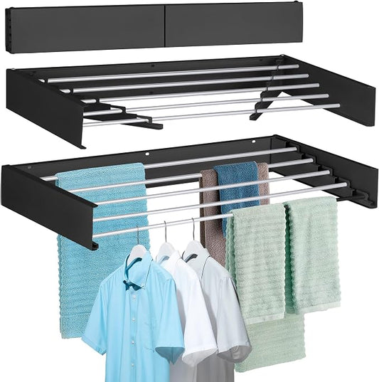 Laundry Drying Rack Wall Mounted Clothes Drying Rack Collapsible with 5 Aluminum Rods and Drilling Template Long Screwdriver Bit 60 lbs Capacity (Black, 40")