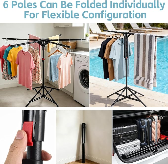 Foldable Clothes Drying Rack, 6 Rod Umbrella Style Height Adjustable Carbon Steel Laundry Stand with 40 Windproof Hooks, Collapsible Space Saving Tripod Garment Dryer for Indoor Backyard Outdoor