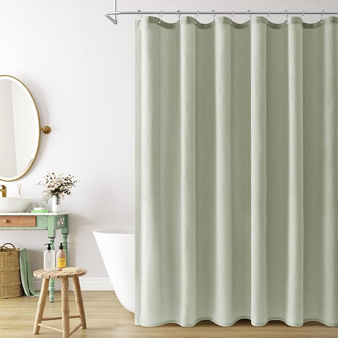 Mist Sage Linen Shower Curtain, Country Boho Farmhouse Bath Decor Shower Curtains Neutral Cloth Weighted Textured Fabric Bath Curtain Liner with Hooks, 72x72